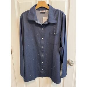 Quacker Factory XL Knit Denim Blouse Button Rhinestones Collar Tab Pocket